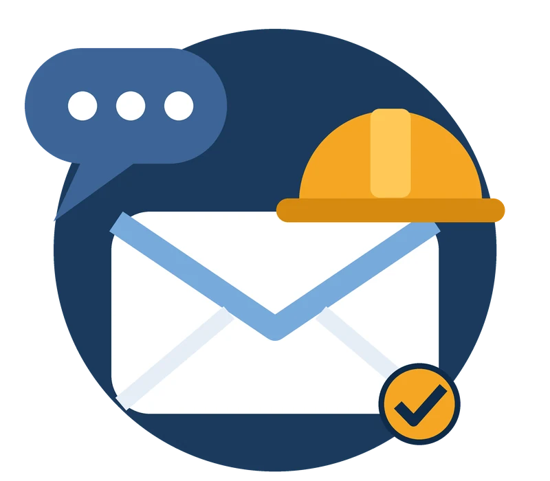 Contact HireSkillMan illustration: an envelope, a chat bubble, and a hard hat with a check mark