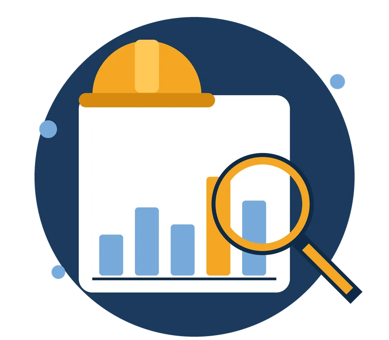 HireSkillMan research methodology illustration: a bar chart under a magnifying glass, with a hard hat